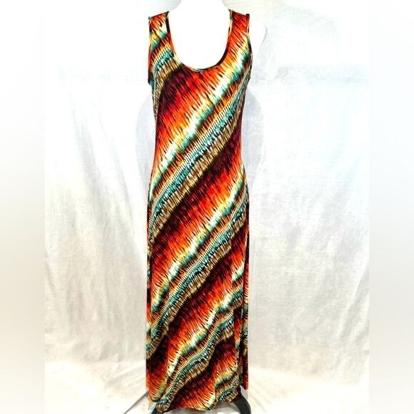 Colorful copper rust and turquoise abstract print maxi dress size medium - Picture 1 of 4
